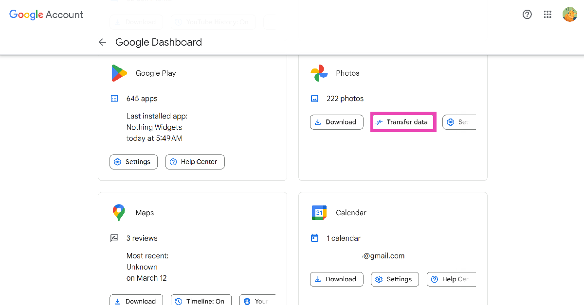 Step 1: Go to Google Account Dashboard and select Photos>Transfer Data under ‘Recently used Google Services’ or ‘Other Google Services’. Or use this link to land on the Google Photos page.