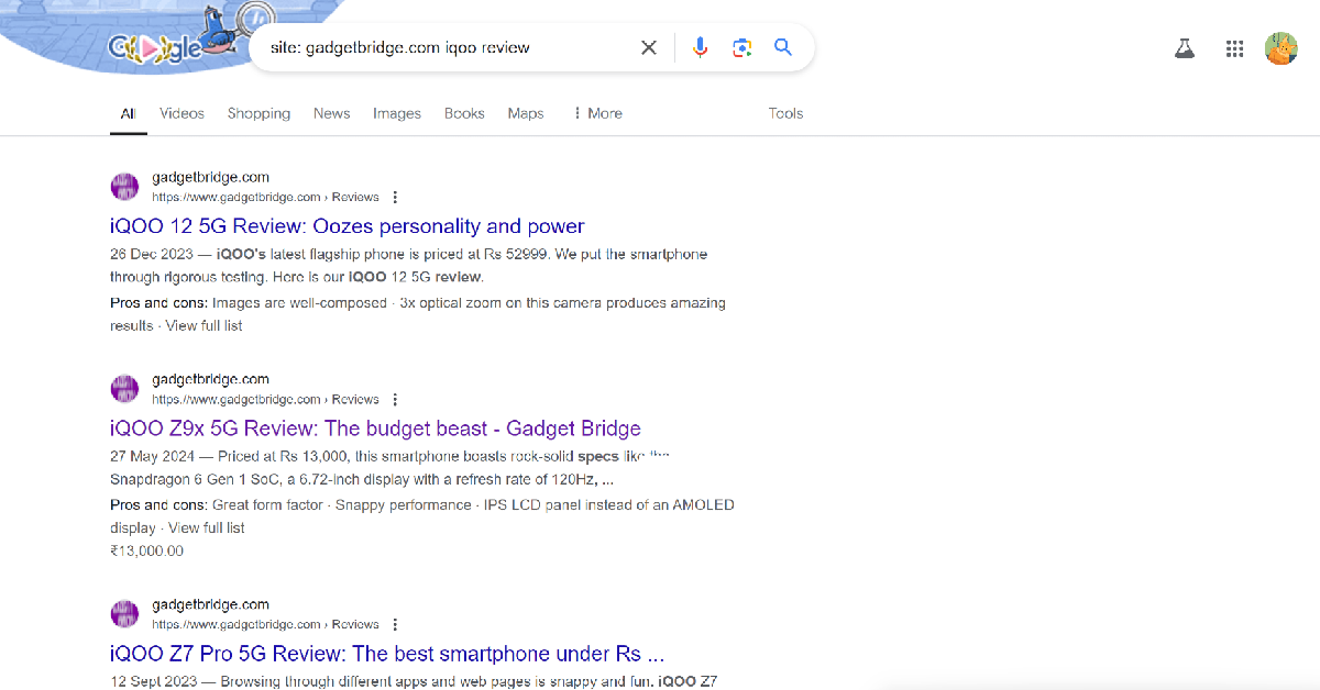 Step 2: Type in your search query. For example, if you’re looking for reviews of iQOO smartphones, type site: gadgetbridge.com iQOO review.