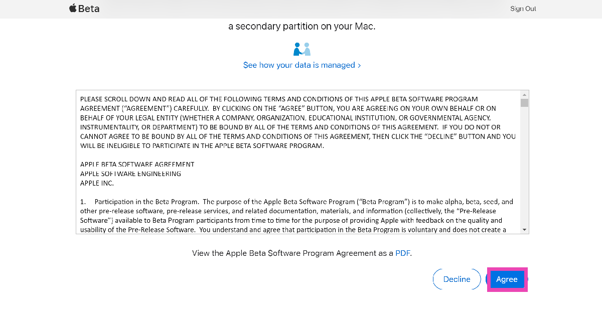 Step 2: Agree to the Apple Beta Software Program Agreement.