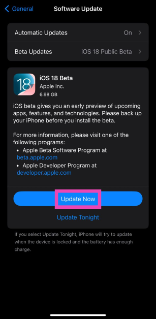 Step 7: Go to the previous screen and hit Update Now. How to get iOS 18 Public Beta on your iPhone?