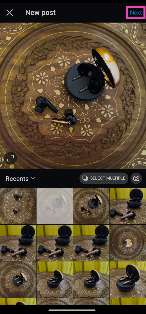 Step 2: Stay on the Post tab and select an image from your phone’s gallery or take a picture using the viewfinder. Hit Next.