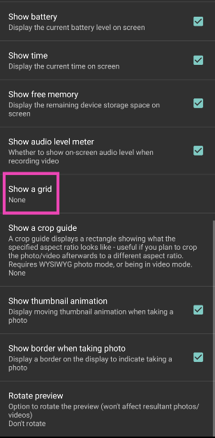 Step 5: Scroll down and tap on Show a grid. How to add level and grid lines to your Android phone’s camera app
