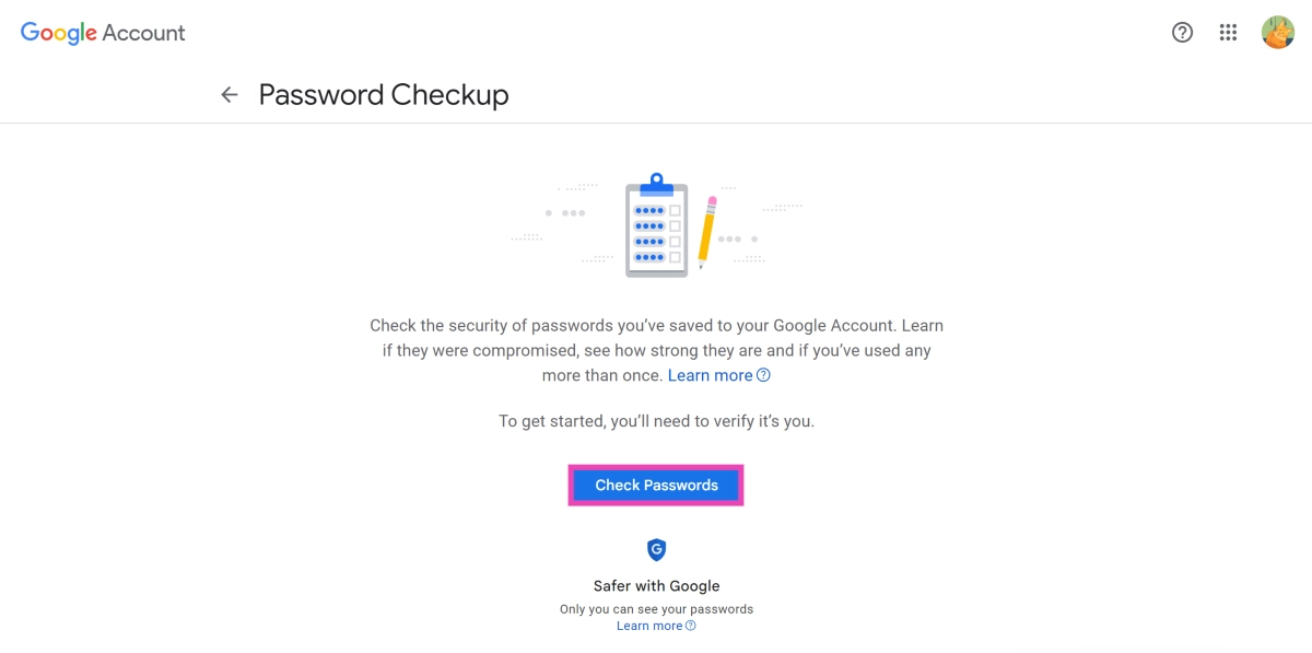 Step 3: Click on Check Passwords.