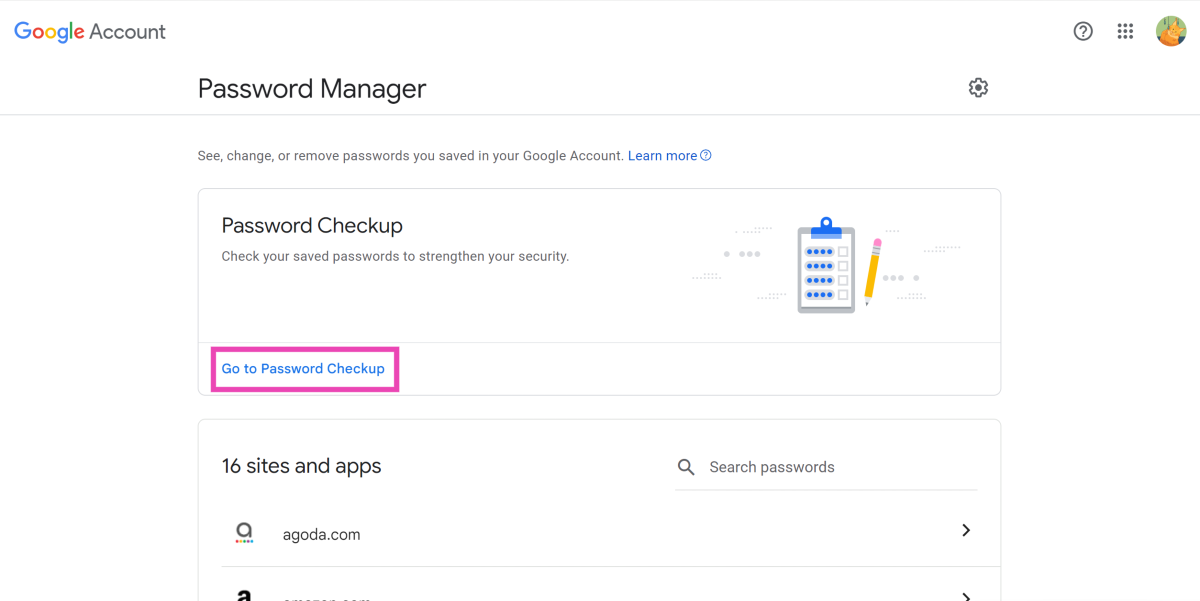 Step 2: Click on Go to Password Checkup.