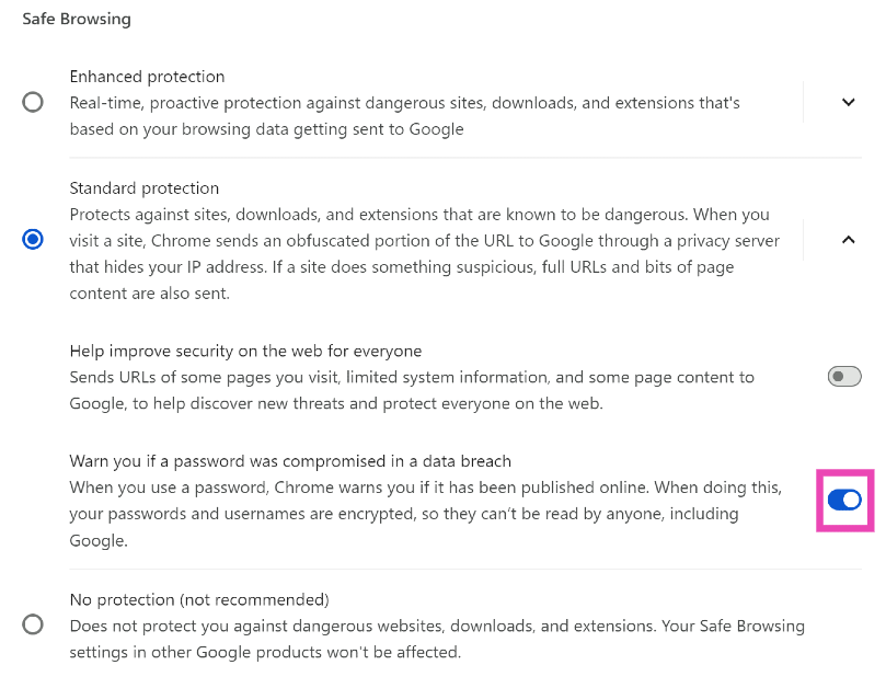 Step 5: Turn on the toggle switch for ‘Warn you if a password was compromised in a data breach’.