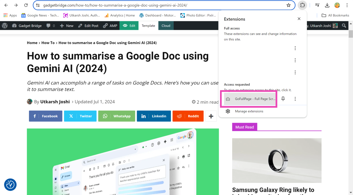 Step 3: Click on the puzzle icon next to the address bar and select the GoFullPage extension.