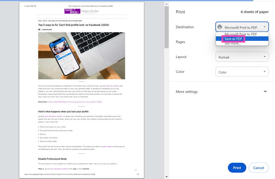 Step 3: From the Destination dropdown menu, select Save as PDF. Top 3 ways to take a scrolling screenshot on a Windows 10/11 PC (2024)
