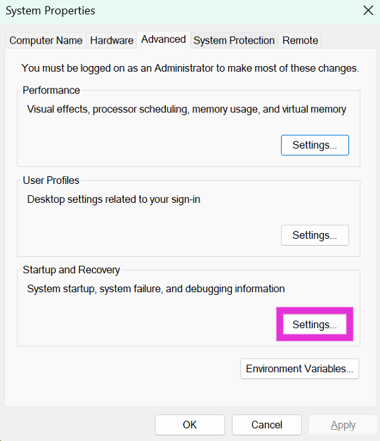 Step 3: Switch to the Advanced tab and click on Settings in the Startup and Recovery section.