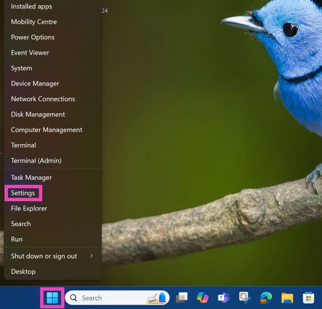 Step 1: Right-click the Windows icon on the taskbar and select Settings.