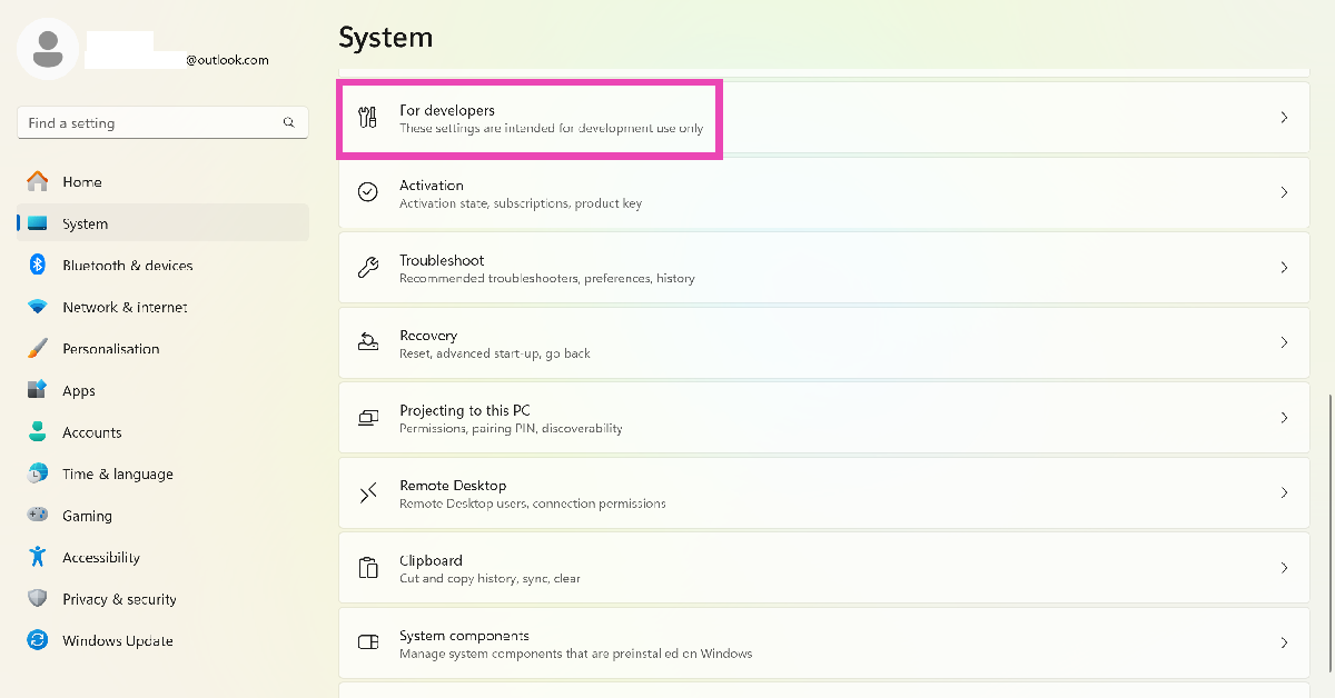 Step 2: Switch to the System tab and select For developers.