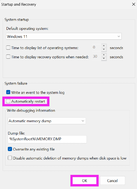 Step 4: Uncheck the box for Automatic Restart in the System Failure category.