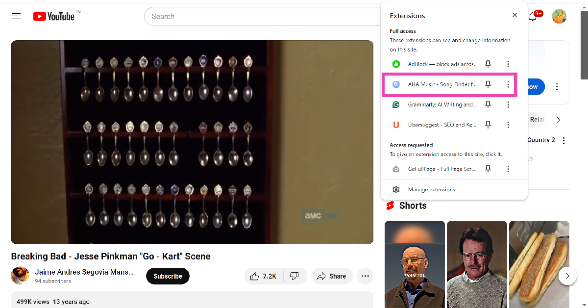 Step 3: Hit the puzzle icon next to the address bar and click on the AHA Music extension.