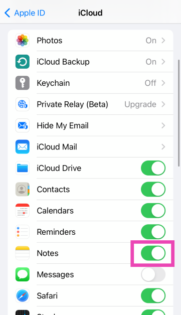 Step 4: Turn on the toggle switch for the Notes app.