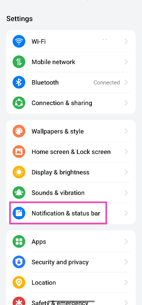 Step 1: Go to Settings and select Notification & status bar.