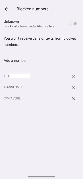 Step 5: This is where you’ll find the contacts and phone numbers you have blocked. Hit the cross icon next to an entry to remove it from the block list.