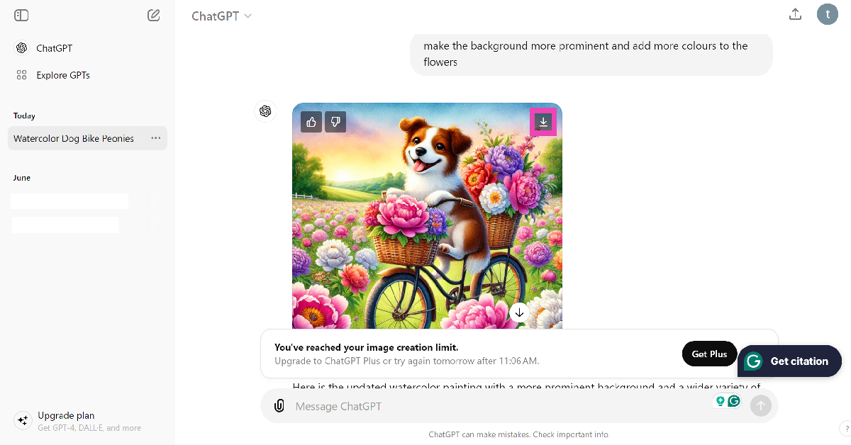 Step 6: To download an image, hover the cursor on it and hit the download button. As of now, you can only generate two AI images per day using Dall-E.