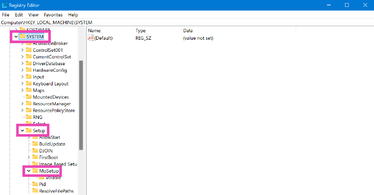 Step 2: Use the sidebar to navigate to HKEY_LOCAL_MACHINE>System>Setup>MoSetup.