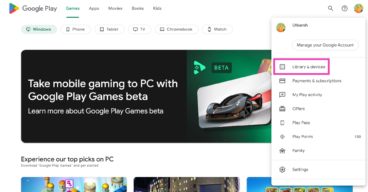 Step 2: Click your profile picture at the top right corner of the screen and select Library & devices.