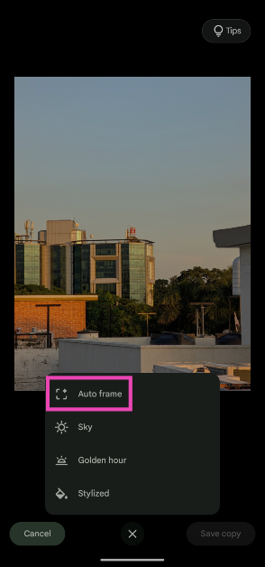 Step 5: Select Auto frame. How to reframe your pictures using Google Pixel 9’s Magic Editor