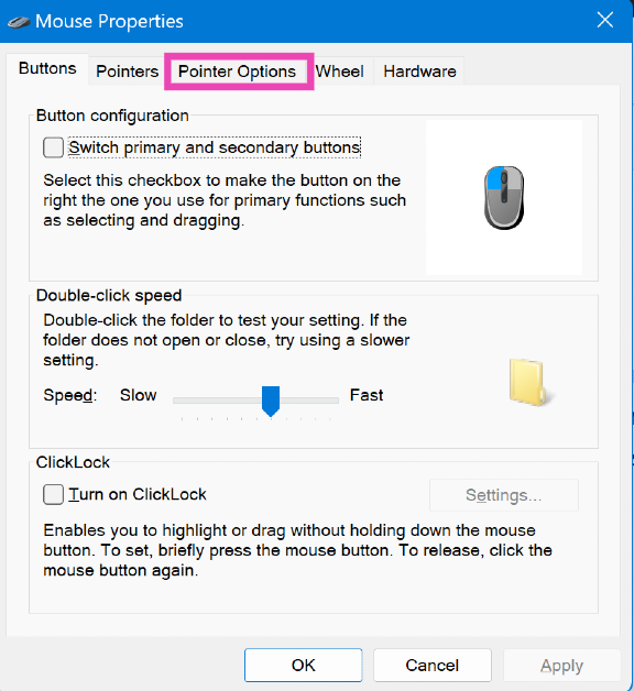 Step 3: Use your keyboard to switch to the Pointer Options tab.