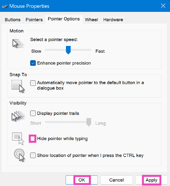 Step 4: Deselect the checkbox next to Hide mouse pointer while typing.