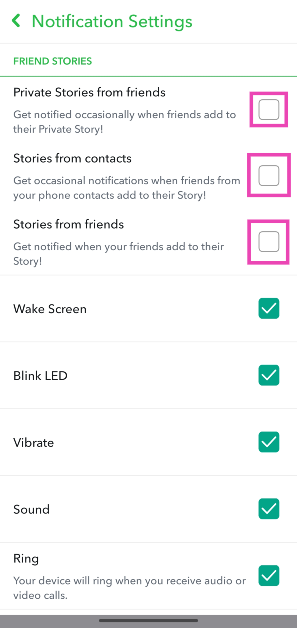 Step 4: Uncheck the tick boxes next to ‘Private stories from friends’, ‘Stories from contacts’, and ‘Stories from friends’.