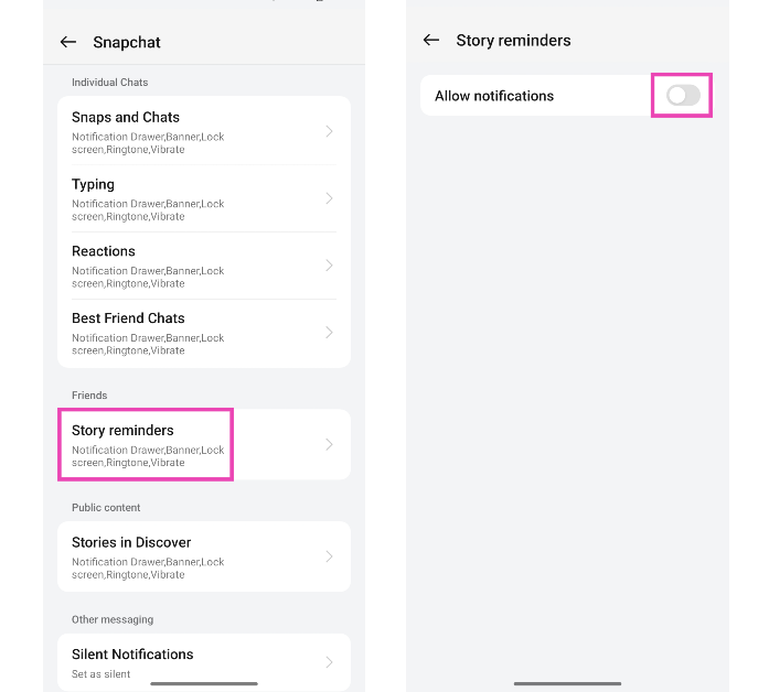 Step 4: Select Story reminders and turn off its toggle switch. Top 3 ways to disable Story notifications on Snapchat (2024)