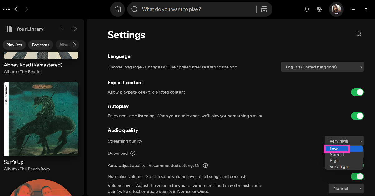 Step 3: Click the dropdown menu next to Streaming quality.