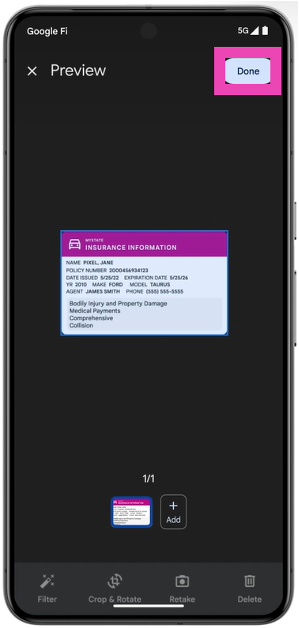 Step 4: Take a picture of the document and hit Done at the top right corner of the screen.