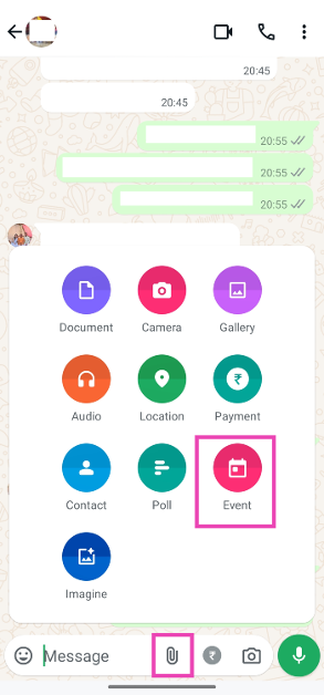 Step 2: Tap the paperclip icon on the text box and select Event.