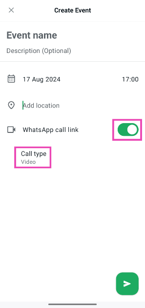 Step 6: Hit the toggle switch next to WhatsApp call link to set up a video call at the scheduled time. How to create an event on WhatsApp (2024)