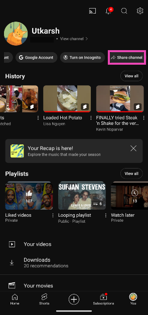 Step 3: Scroll the options below your profile name and select Share channel.
