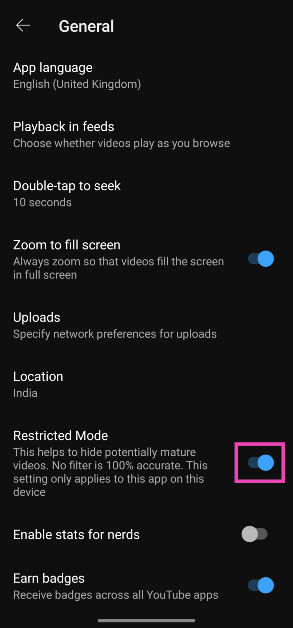 Step 4: Scroll down and turn off the toggle switch for Restricted Mode.