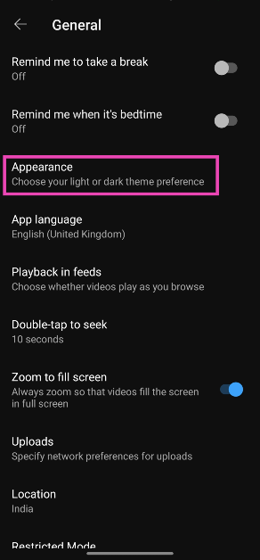 Step 4: Tap on Appearance.