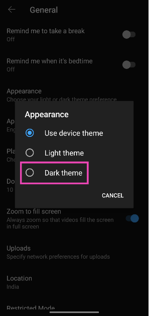 Step 5: Select Dark theme.