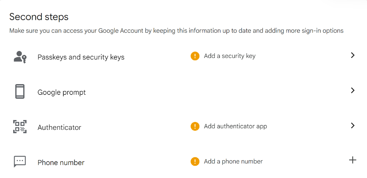 Step 5: Choose how you would like to verify your login attempt. Google gives you the following options – Passkeys and security keys, Google prompt on your primary device, Authenticator apps, and Phone number.