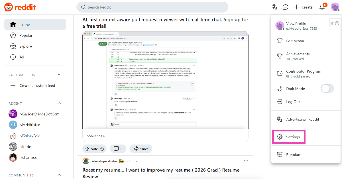Step 2: Click your profile icon in the top right corner of the screen and select Settings. Top 2 ways to hide active communities on your Reddit profile on phone and PC (2024)