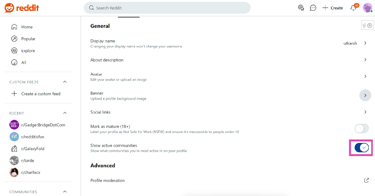 Step 4: Turn off the toggle switch next to Show active communities. Top 2 ways to hide active communities on your Reddit profile on phone and PC (2024)