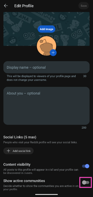 Step 5: Scroll down and turn off the toggle switch next to Show active communities. Top 2 ways to hide active communities on your Reddit profile on phone and PC (2024)