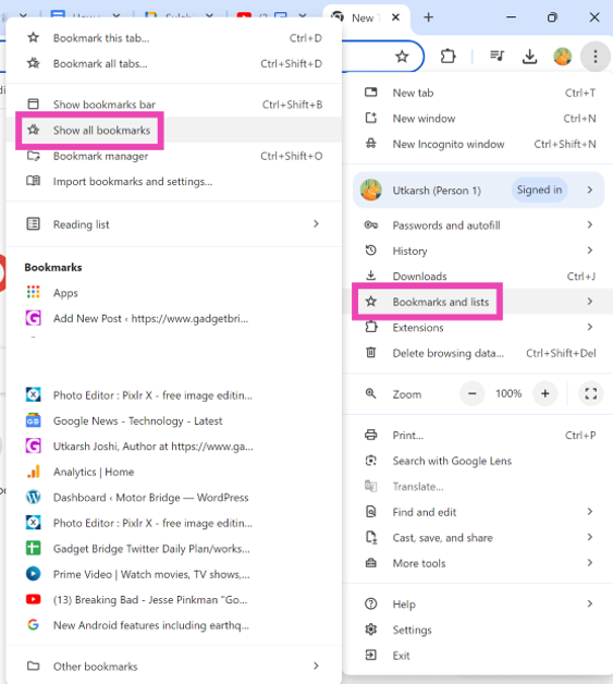 Step 2: Click the ellipses in the top right corner of the screen and go to Bookmarks and lists>Show all bookmarks.
