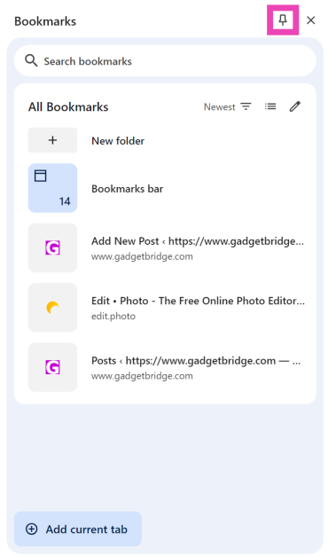 Step 3: Click the pin icon to add Bookmarks to the toolbar. How to pin Bookmarks and Reading Mode to the Google Chrome toolbar?
