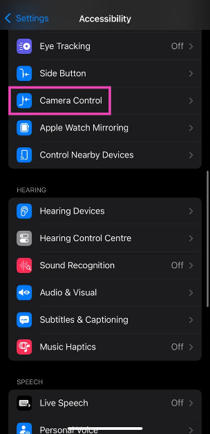 Step 3: Tap on Camera Control.