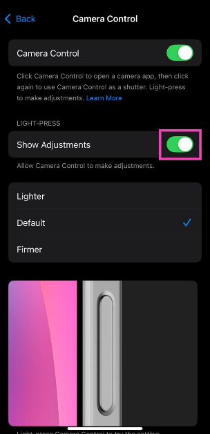 Step 4: Turn off the toggle switches for Show Adjustments under Light Press.