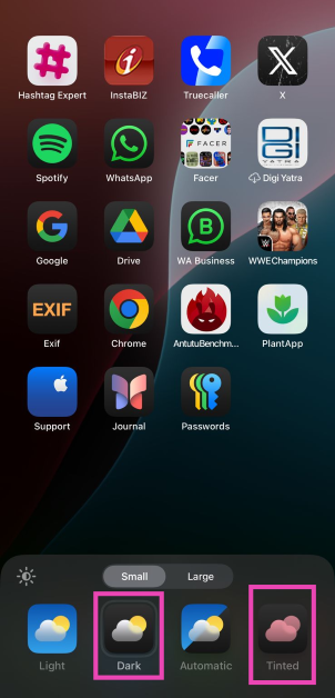 Step 5: Choose Dark or Tinted for dark mode app icons. The former applies dark mode to the app icons while retaining their original colours. The tinted option makes the icons monochromatic while also assigning them a darker shade. You can use the colour slider to choose the tint.