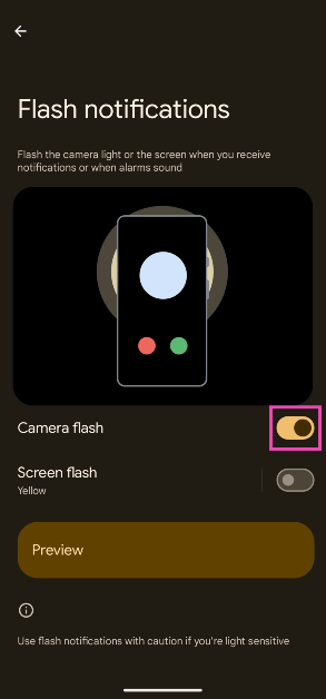 Step 3: Turn on the toggle switch for Camera flash.