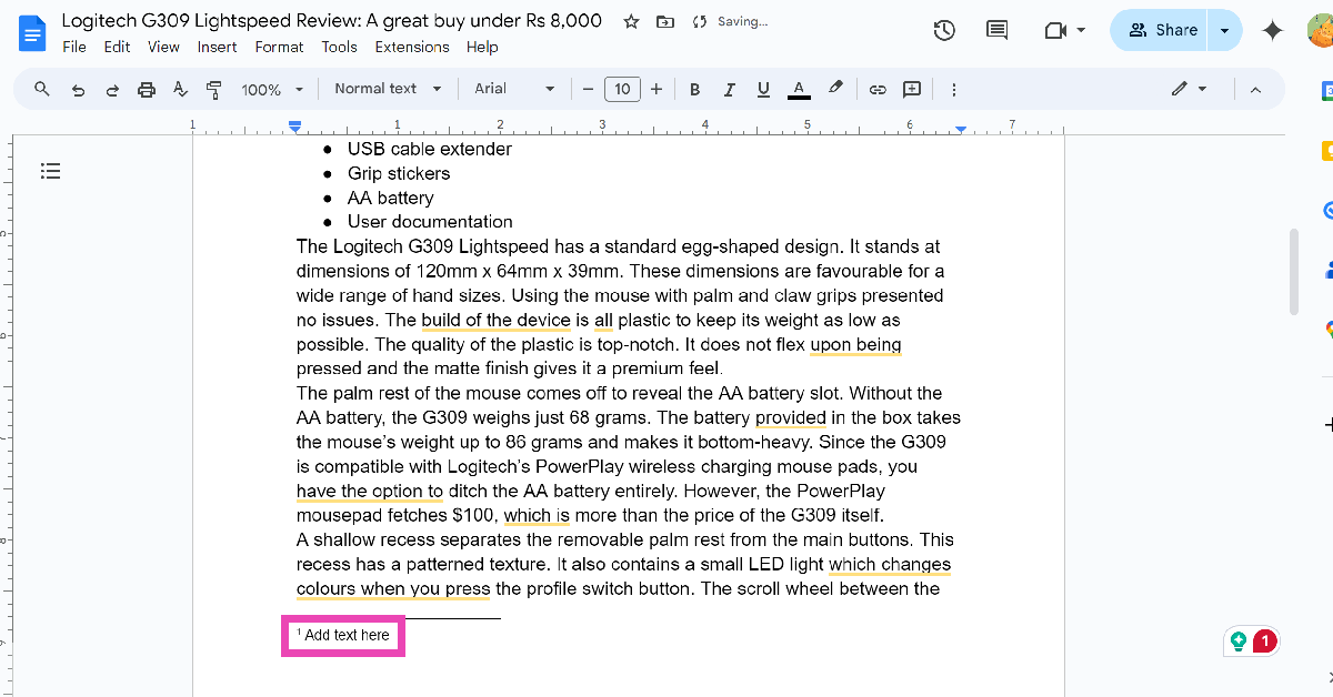 Step 5: Google Docs will add a numeric indicator next to the word and move the cursor to the bottom of the page. Enter the description.