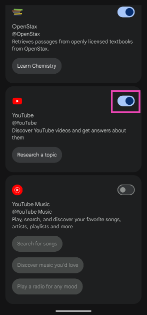 Step 4: Turn on the toggle switch next to YouTube.