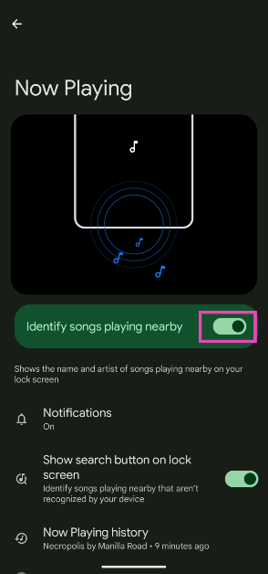 Step 4: Turn on the toggle switch next to ‘Identify songs playing nearby’. It will take your smartphone a few minutes to set this feature up.