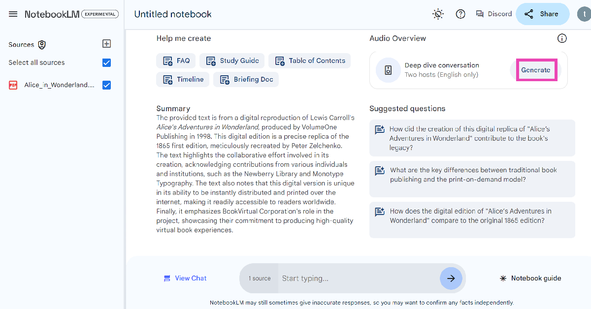 Step 5: Hit the Generate button next to Deep dive conversation. How to turn your research notes into a podcast using Google’s NotebookLM?