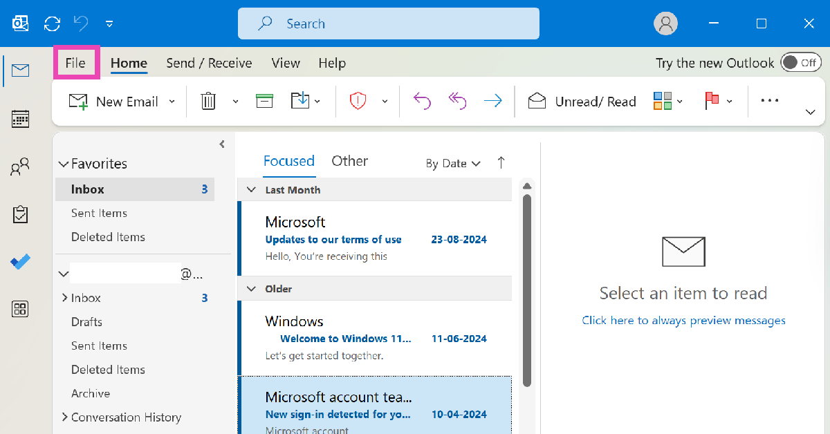 Step 1: Launch Outlook on your PC and click on File.